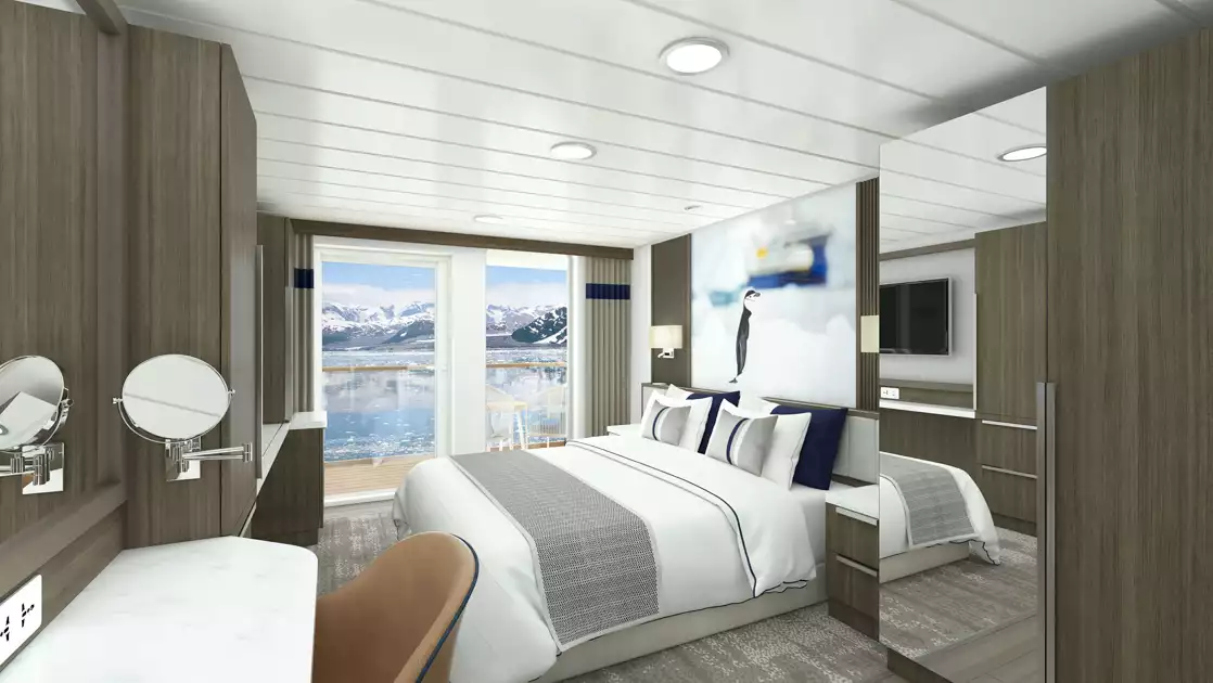 Rendering of Category C Balcony Stateroom on Douglas Mawson ship with king bed in white linens, dark wood walls, balcony & wildlife photo.