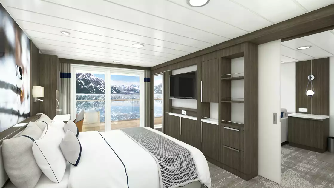 Rendering of Junior Suite bedroom on Douglas Mawson ship with king bed in white linens, dark wood walls, balcony & wildlife photo.