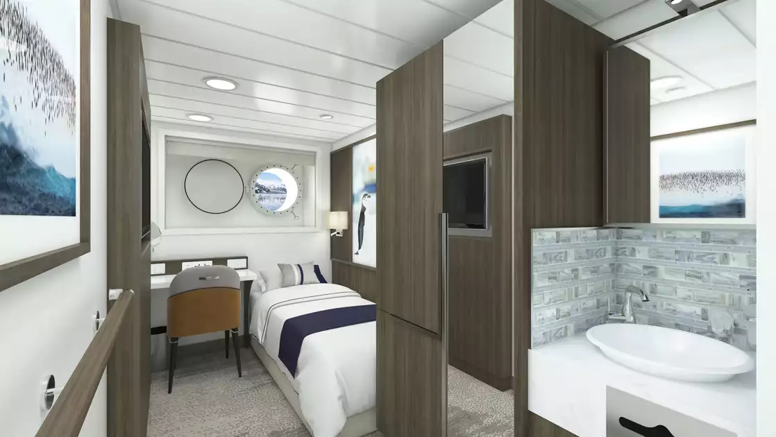 Rendering of Single Stateroom on Douglas Mawson ship with twin bed in white linens, dark wood walls, porthole & wildlife photos.