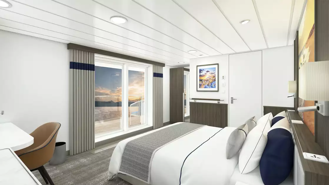 Rendering of Superior Balcony Stateroom on Douglas Mawson ship with king bed in white linens, white walls, balcony & wildlife photo.