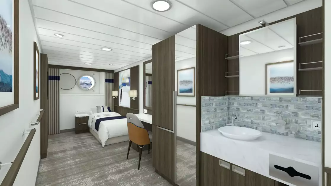 Rendering of Superior Single Stateroom on Douglas Mawson ship with twin bed in white linens, dark wood walls, porthole & wildlife photos.