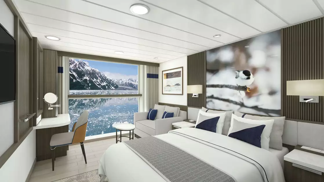 Rendering of Superior Stateroom on Douglas Mawson ship with king bed in white linens, dark wood walls, full-size view window & wildlife photo.