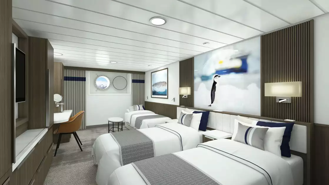 Rendering of Triple Stateroom on Douglas Mawson ship with 3 twin beds in white linens, dark wood walls, porthole & wildlife photo.