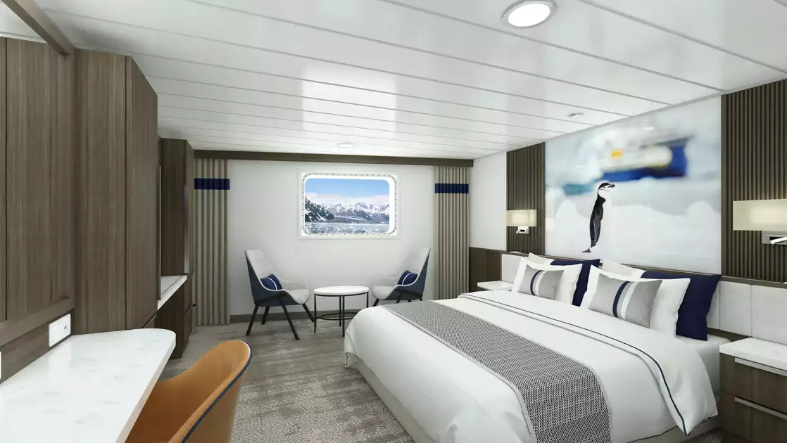 Rendering of Twin Stateroom on Douglas Mawson ship with king bed in white linens, dark wood walls, view window & wildlife photo.