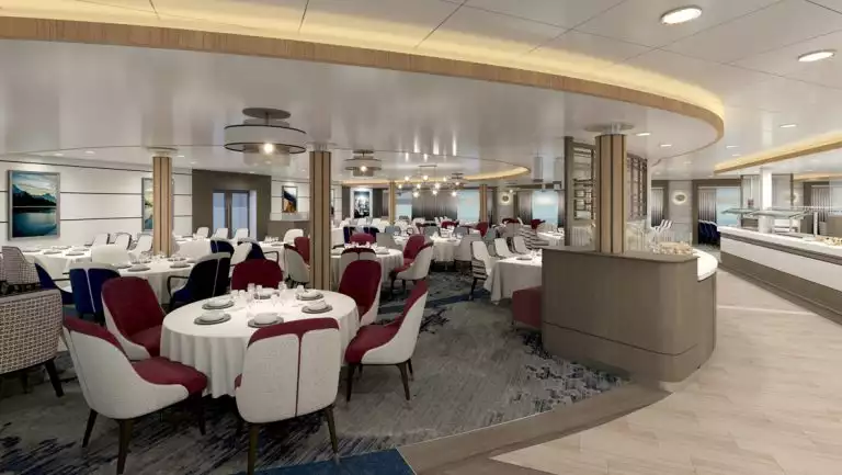 Rendering of dining room on Douglas Mawson small ship with round & rectangular tables in white linens with red captain's chairs.