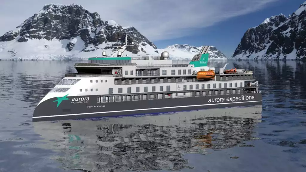 Rendering of Douglas Mawson expedition ship in polar sea with pointed bow, glass atrium, 8 decks, gray, white & green paint.