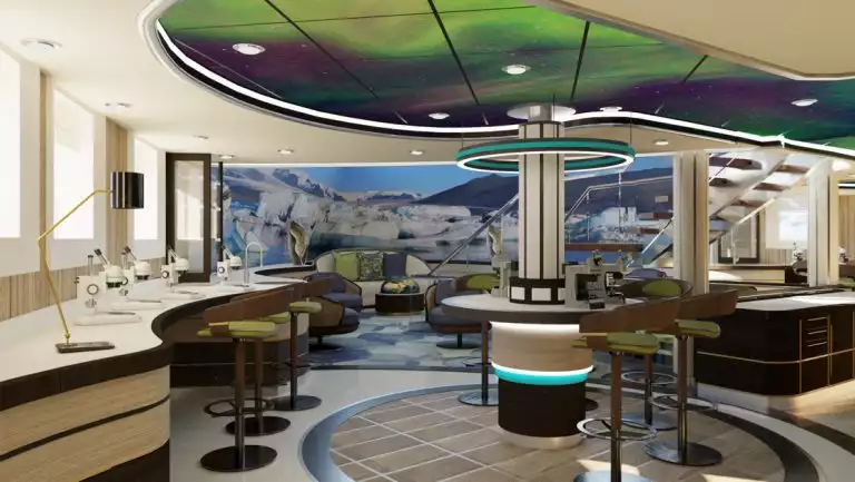 Rendering of science center of Douglas Mawson ship with marble tables, bar stools, windows & northern lights decorated ceiling.
