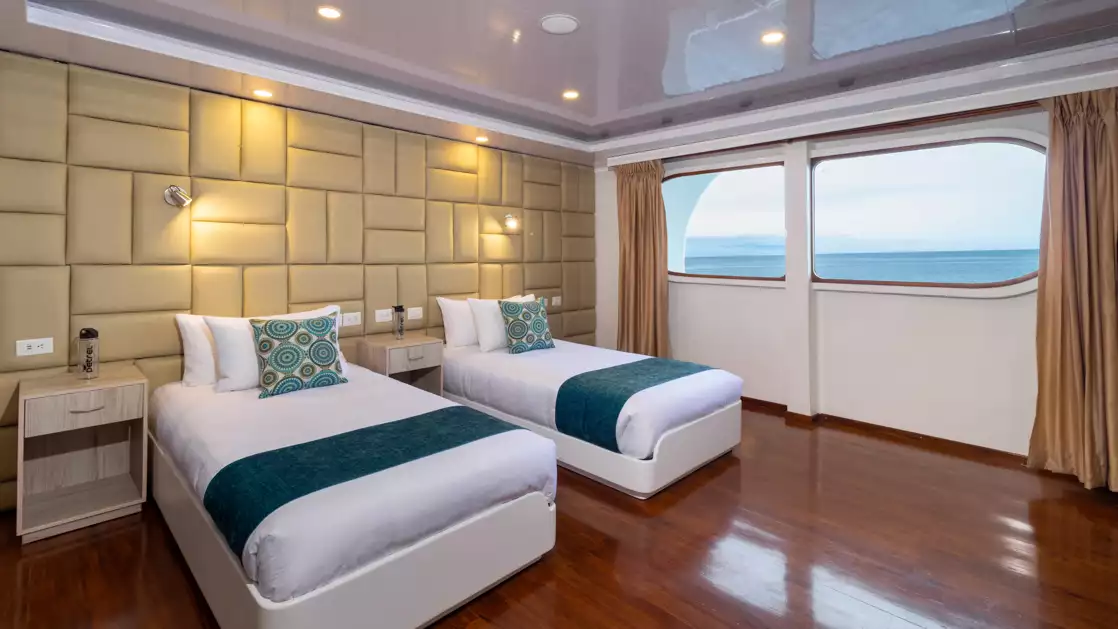 Stateroom on Petrel boat in Galapagos with 2 twin beds with white sheets & padded gold headboard by panoramic window & armoire.