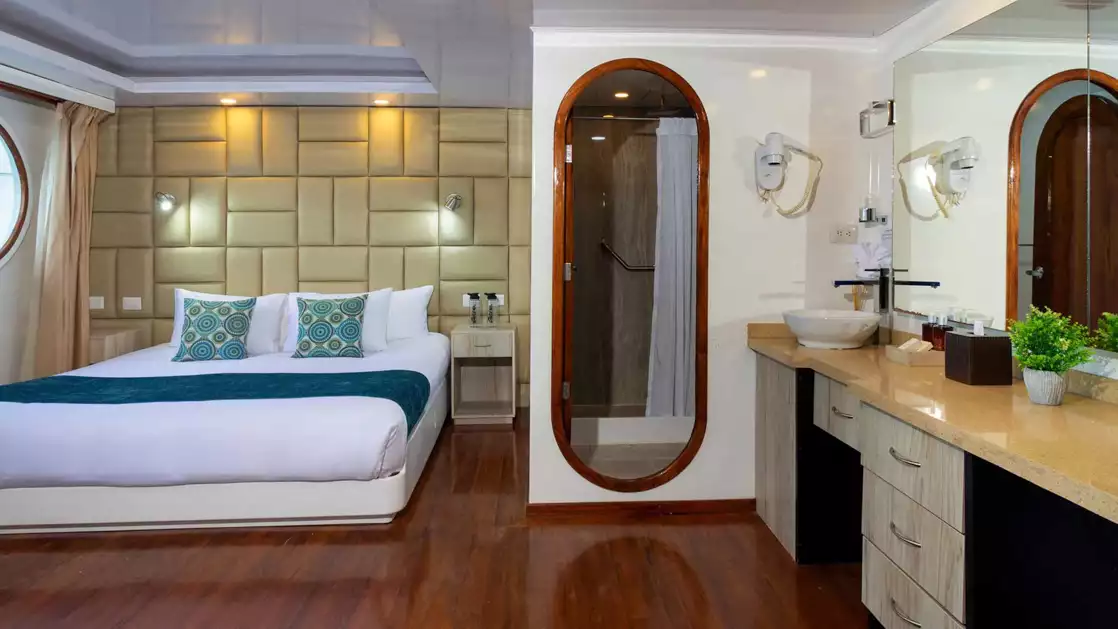 Suite on Petrel boat in Galapagos with wood floor, vanity, panoramic windows, king bed