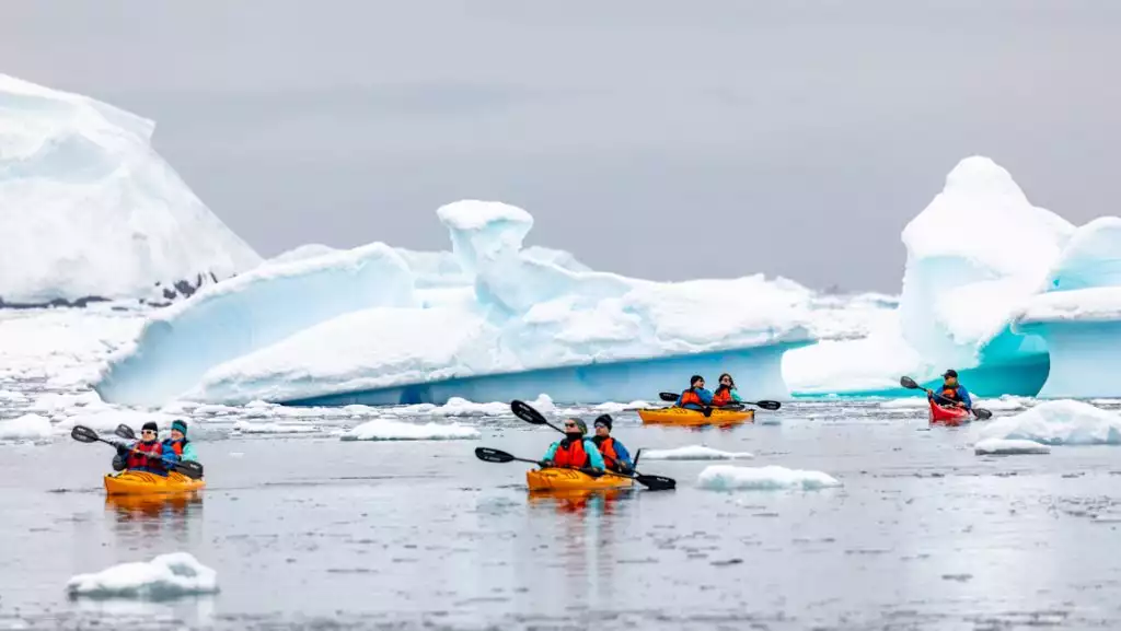 Tandem kayakers in yellow boats paddle among icebergs & snowfields under cloudy sky on the Ross Sea Odyssey cruise.