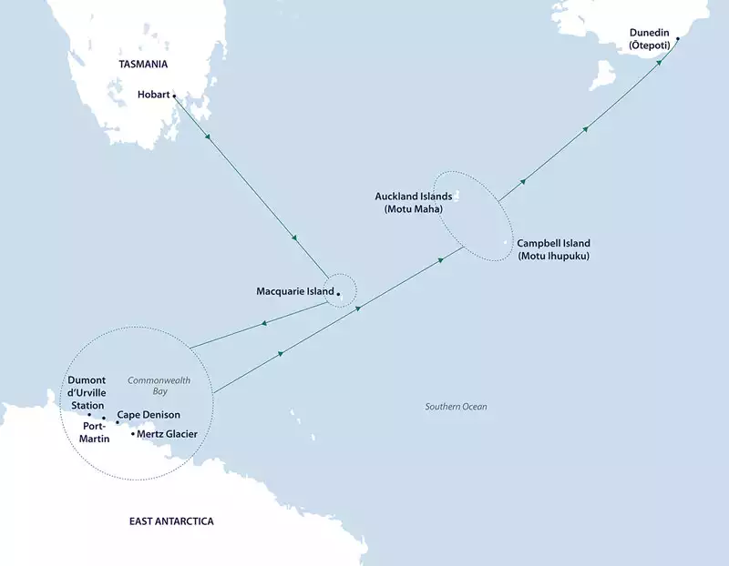 Route map of Mawson's Antarctica cruise from Hobart, Australia to Dunedin, New Zealand with visits to the Subantarctic Islands & Ross Sea.