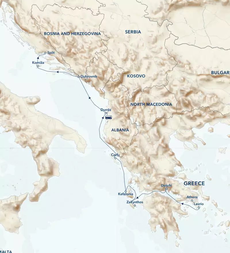 Route map of northbound Ancient Mediterranean Odyssey: Greece, Croatia & Albania cruise, including a Corinth Canal crossing.