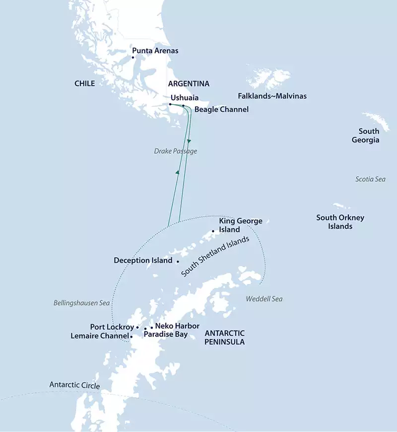 Route map of Antarctica Active cruise, round-trip from Ushuaia, Argentina with visits along the Antarctic Peninsula.