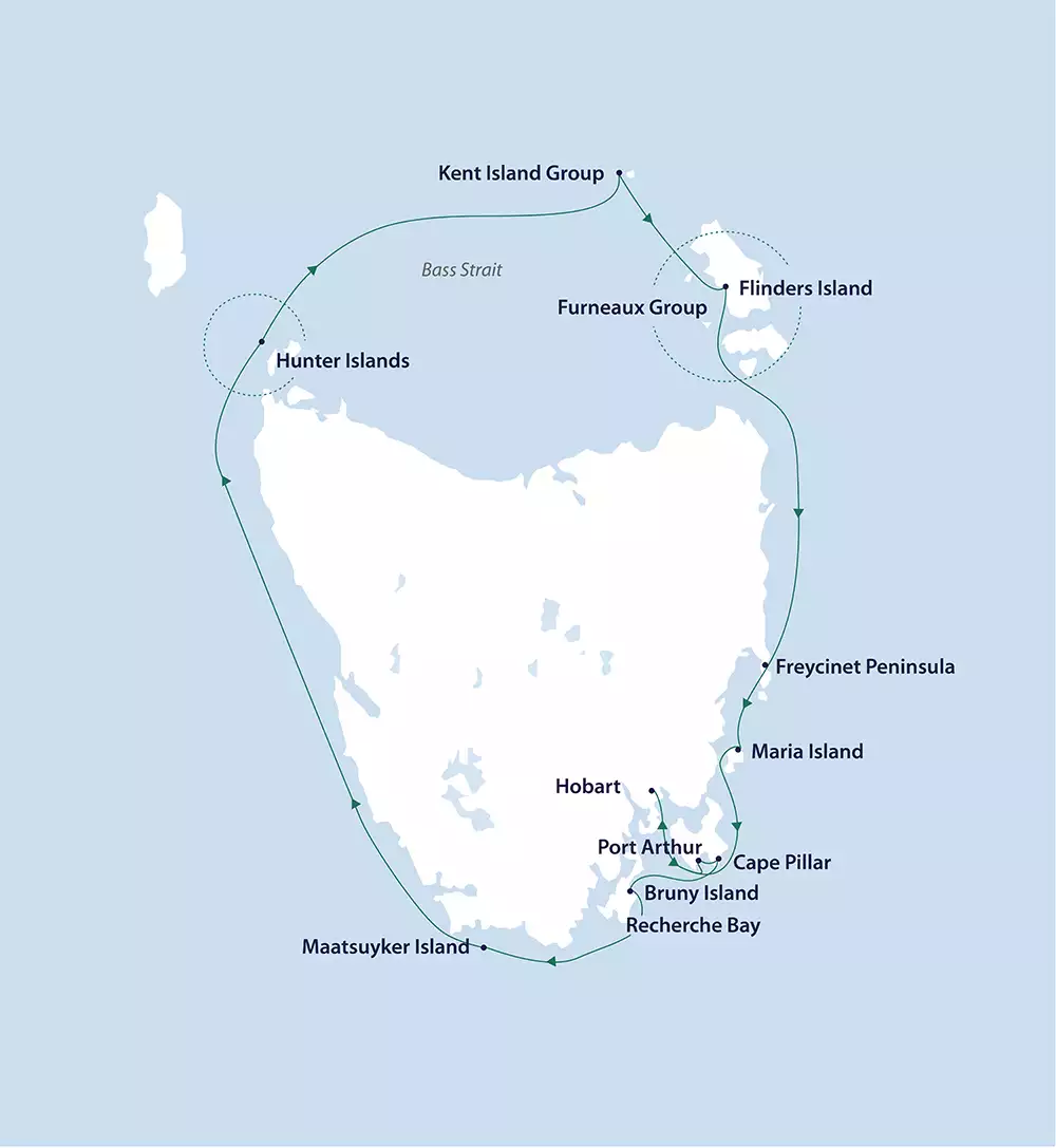 Route map of Coastal Tasmania cruise, round-trip from Hobart with visits along the eastern coastline.