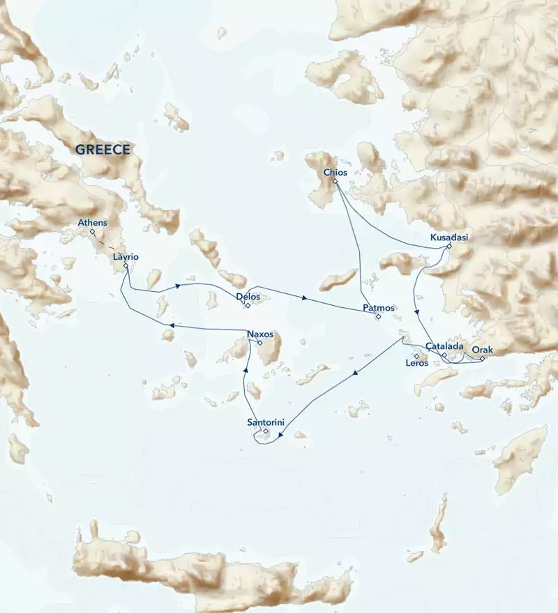 Route map of Crossroads of the Ancient World: Greece & Turkey cruise round-trip from Lavrio with overland transfers to begin & end in Athens.