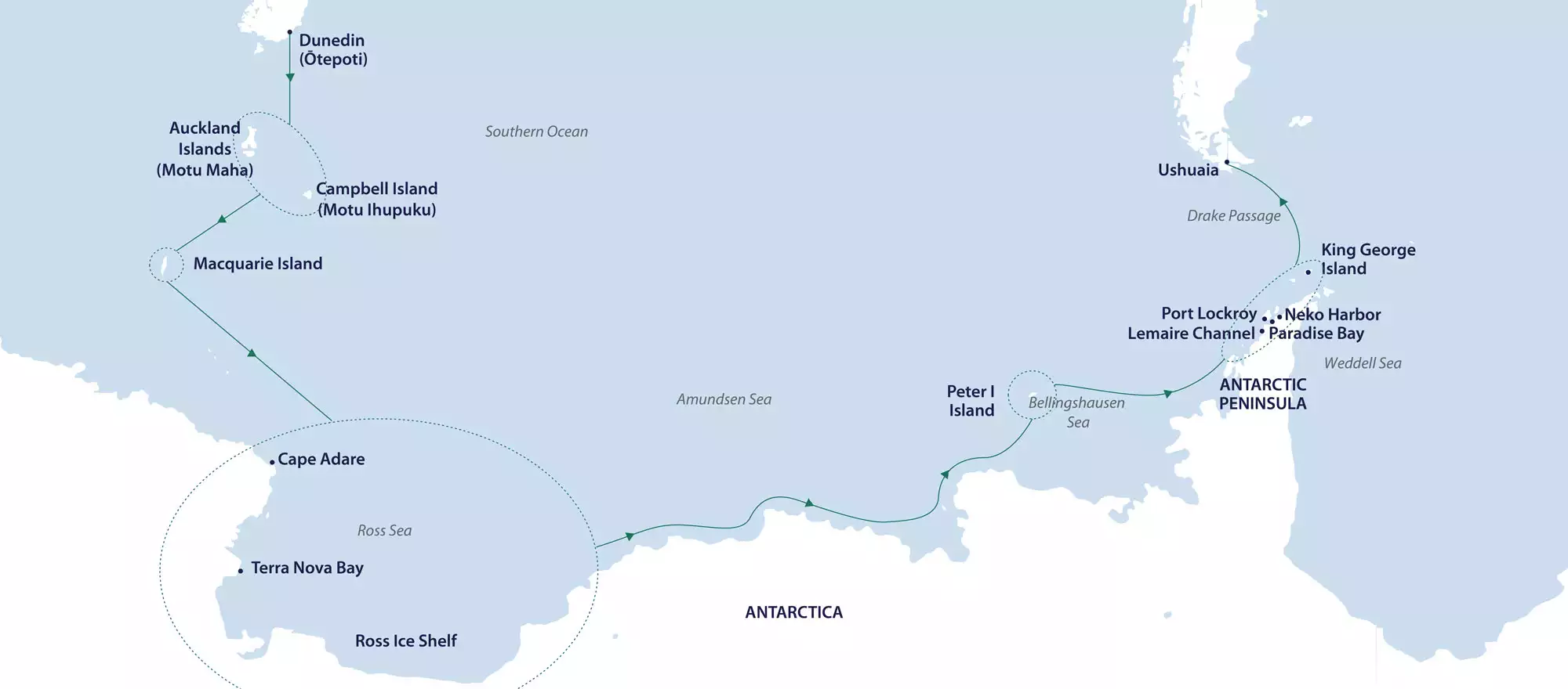 Route map of Epic Antarctica: Crossing the 7th Continent cruise from Dunedin, New Zealand to Ushuaia, Argentina via west Antarctica.