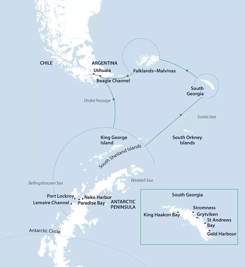 Route map of 22-day Falklands, South Georgia & Antarctic Peninsula cruise, round-trip from Ushuaia, Argentina.
