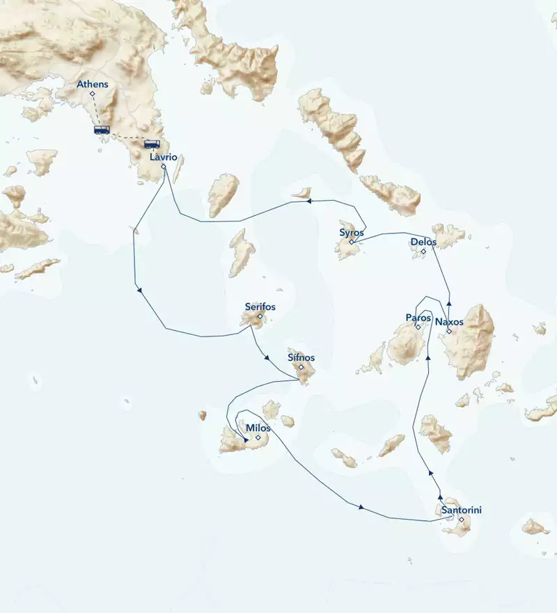 Route map of Greek Isles Odyssey: Mythology, History & Cerulean Seas small ship cruise round-trip from Lavrio with overland transfers linking Athens.
