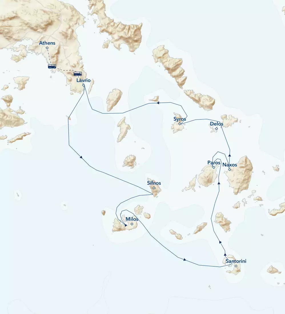 Route map of Greek Isles Odyssey: Mythology, History & Cerulean Seas small ship cruise round-trip from Lavrio with overland transfers linking Athens.