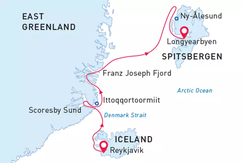 route map of small ship cruise through the arctic starting in iceland and ending in Longyearbyen