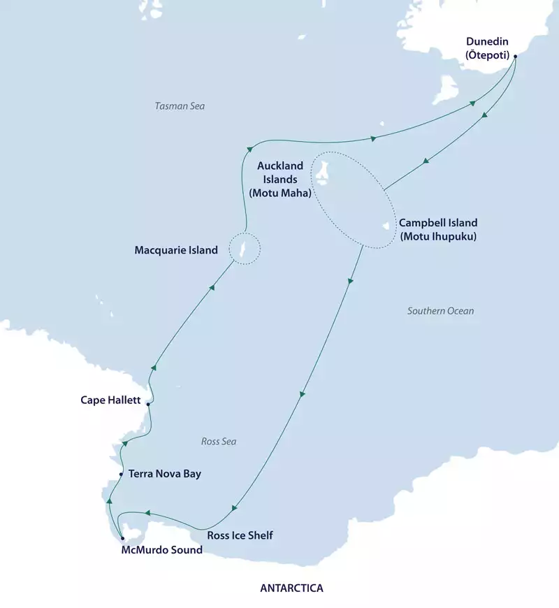 Route map of Ross Sea Odyssey cruise, round-trip from Dunedin, New Zealand with visits to the Subantarctic Islands & West Antarctica.