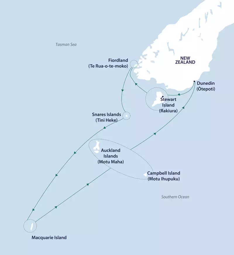 Route map of Subantarctic Odyssey Cruise round-trip from Dunedin, New Zealand, including a visit to Fiordland.