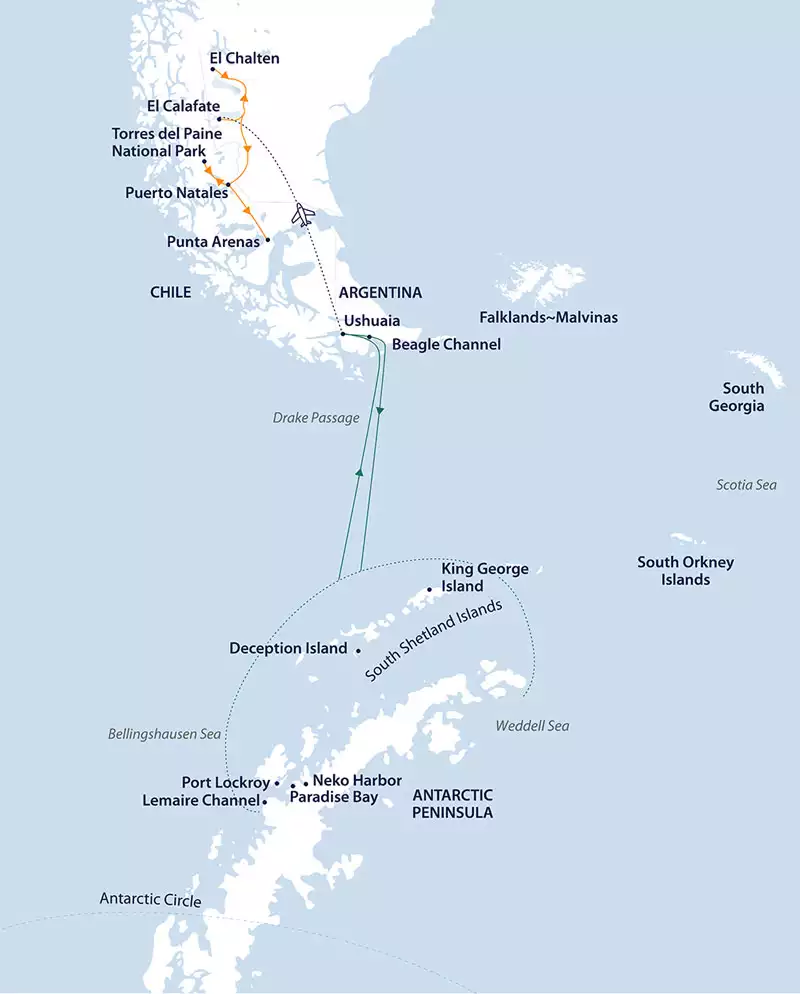 Route map of 25-day Trails of Antarctica & Patagonia land-and-sea trip, operating from Ushuaia, Argentina to Punta Arenas, Chile by way of the Antarctic Peninsula.