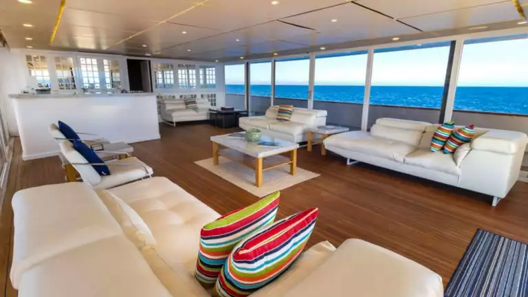 Lounge aboard small ship with large windows