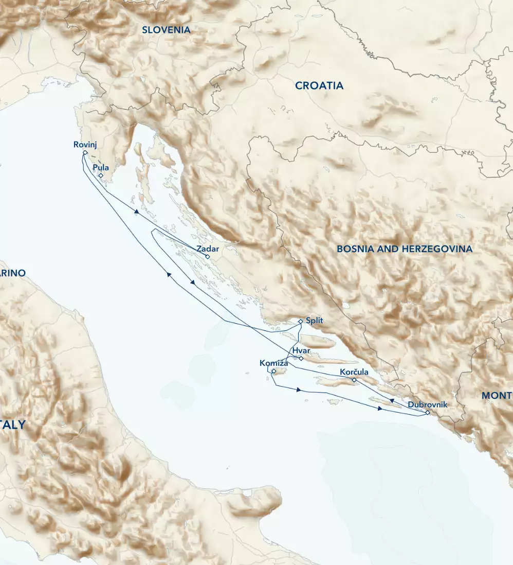 Route map of Croatia Under Sail Aboard the Sea Cloud Fleet cruise, round-trip from Split with visits to Rovinj, Pula, Zadar. Hvar, Komiza, Dubrovnik & Korcula.