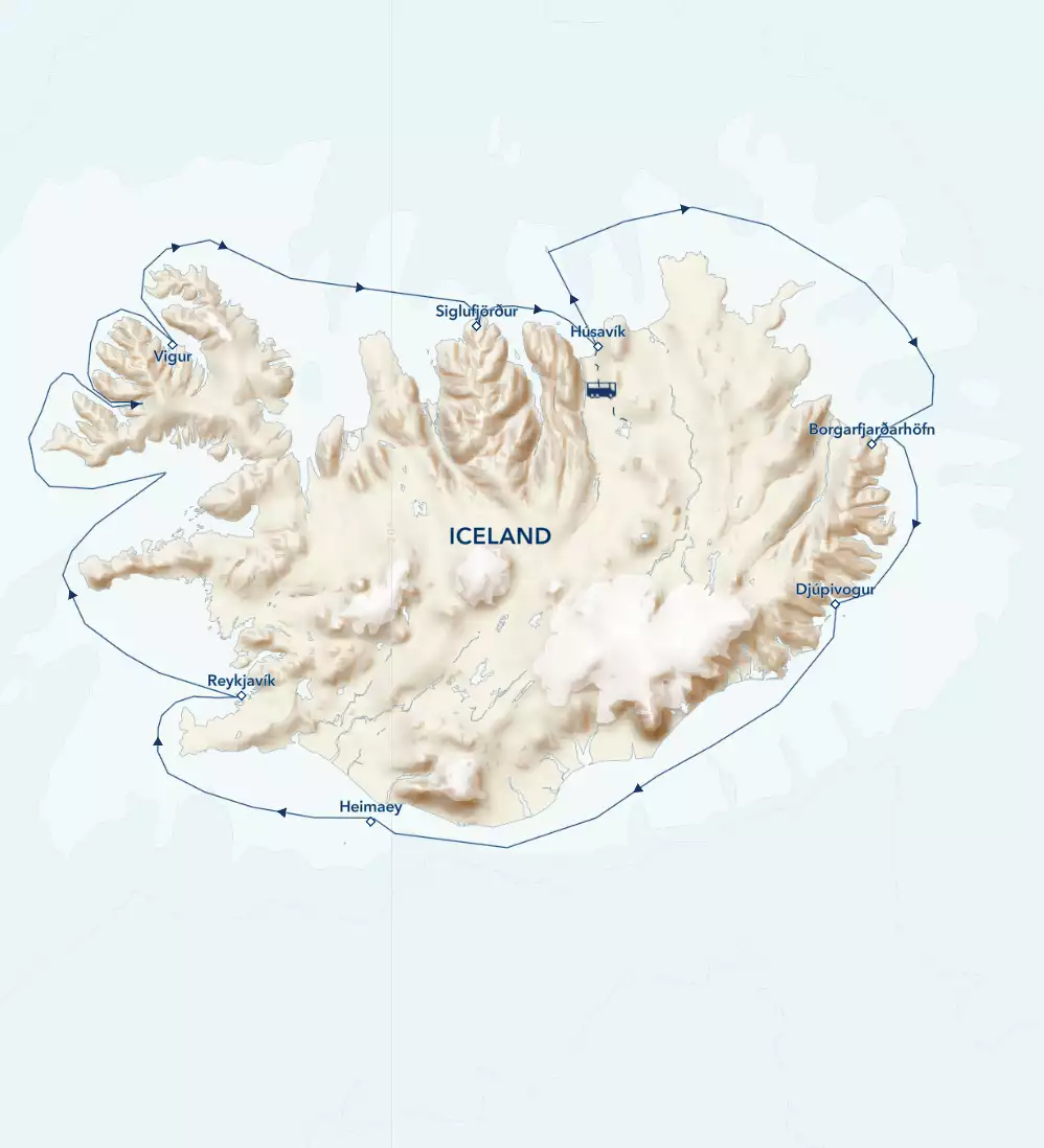 fire & Ice: An 8-Day Sail Around Iceland cruise route map, operating round-trip from Reykjavik with visits to Westfjords, Sigulfjordur, Husavik, Borgarfjardarhofn, Djupivogur & islands of Heimaey & Surtsey.