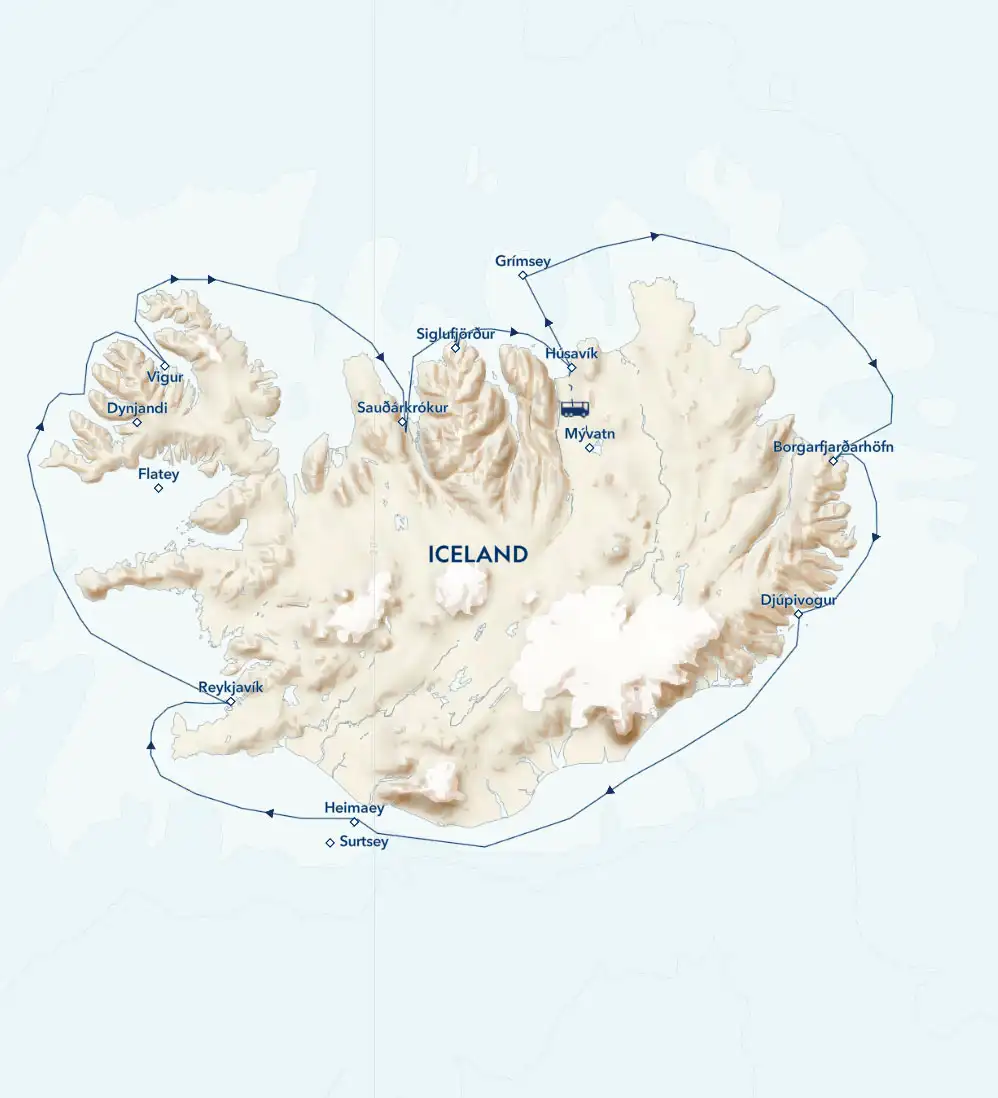 A circumnavigation of Iceland cruise route map, operating round-trip from Reykjavik with visits to Westfjords, Skagafjordur, Sigulfjordur, Husavik, Grimsey, Borgarfjardarhofn, Djupivogur & islands of Heimaey & Surtsey.