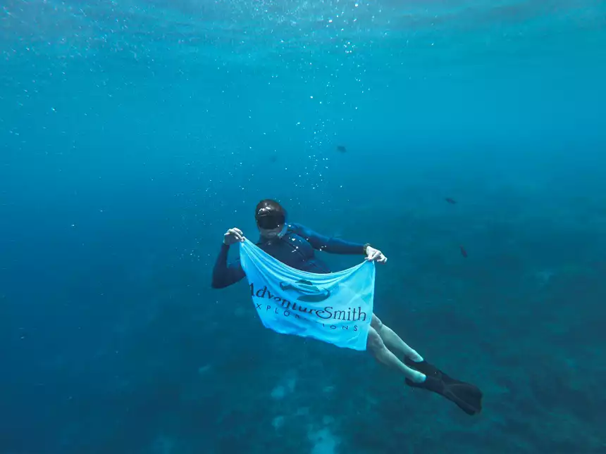Adventure specialists snorkeling in deep water with adventure smith exploration flag