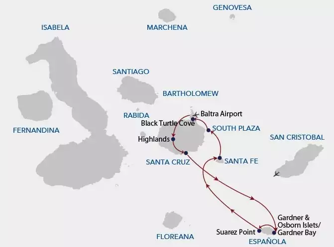 A cruise route map showing a red line path of Galapagos Angel cruise on its 4 day south itinerary a