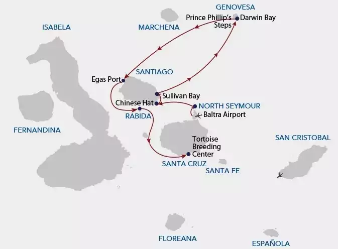 A cruise route map showing the path of Galapagos Angel cruise on its 5 day north itinerary a