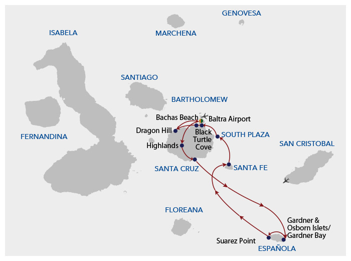 A cruise route map showing the path of Galapagos Angel cruise on its 5 day south itinerary c