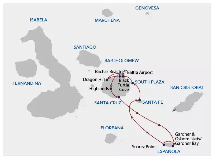 A cruise route map showing the path of Galapagos Angel cruise on its 5 day south itinerary c