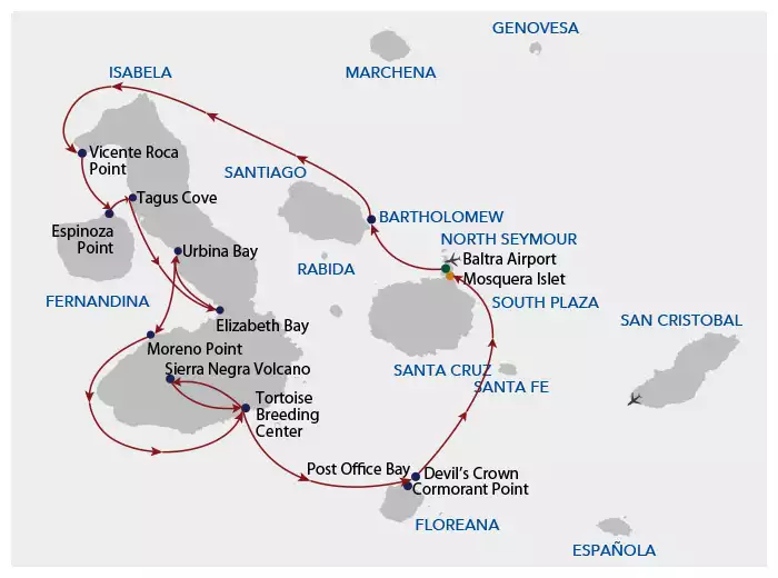 A cruise route map showing the path of Galapagos Angel cruise on its western itinerary d