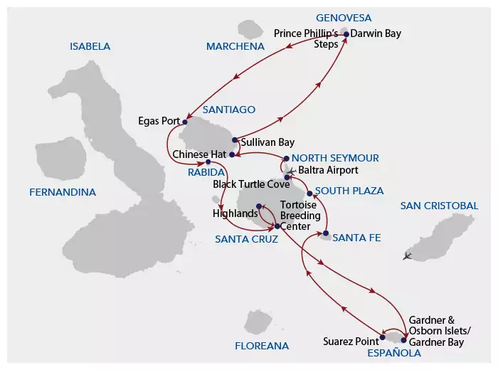 A cruise route map showing the path of Galapagos Angel cruise on its 8 day central itinerary a