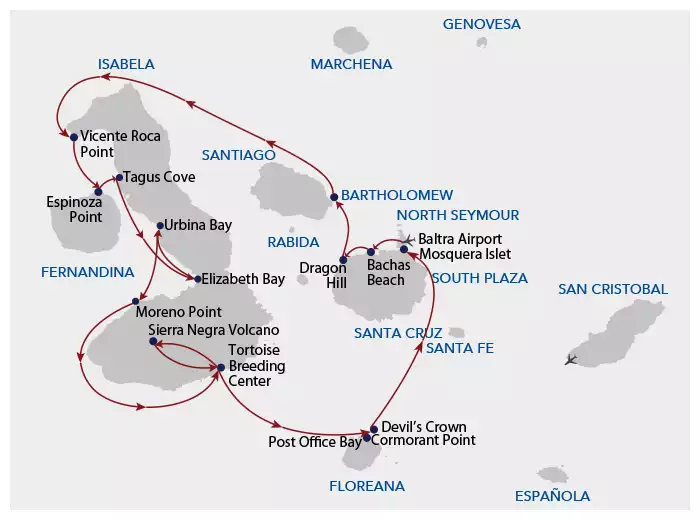 A cruise route map showing the path of Galapagos Angel cruise on its western itinerary b