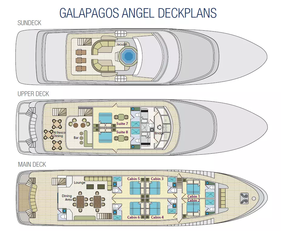 Deck plan of the Galapagos Angel yacht showing the placement of 8 cabins over three decks.