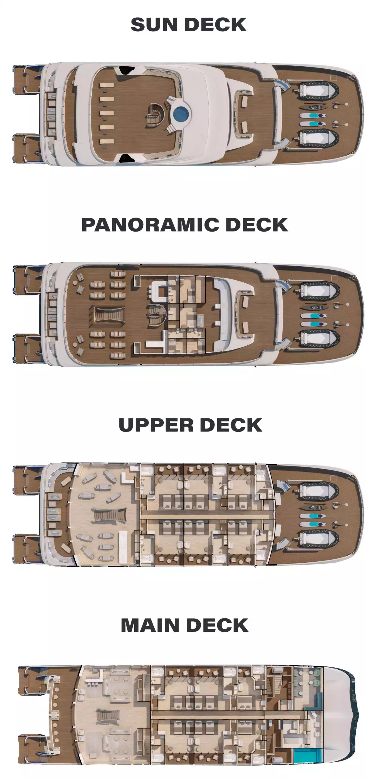 Deck plan of Hermes Galapagos mega-catamaran with 4 guest decks, 10 suites & various indoor & outdoor spaces.