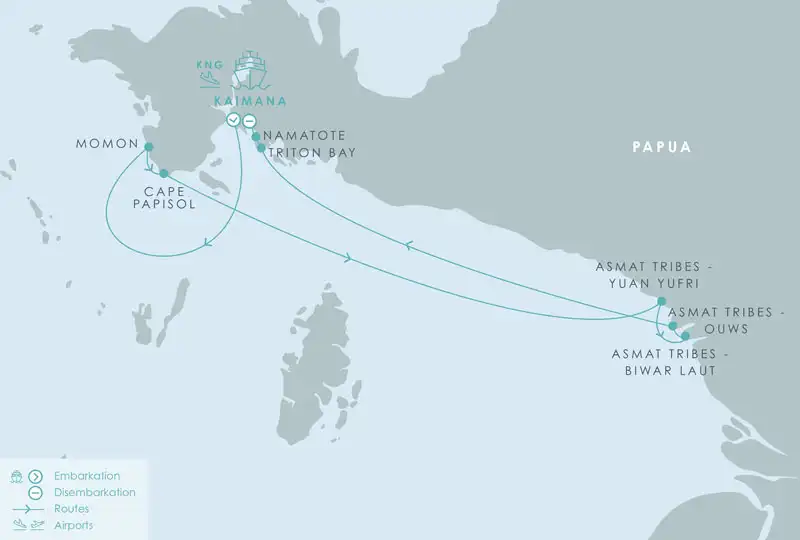 Route map of 10-day Aqua Blu West Papua & Asmat Tribe Expedition cruise, round-trip from Kaimana with visits to Triton Bay, Momon, Namatote & Cape Papisol, Indonesia.
