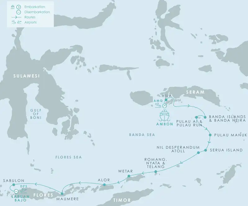 Route map of Aqua Blu Spice Islands to Flores Indonesia cruise, operating from Ambon to Labuan Bajo, with visits to the islands of Hila, the Bandas, Ai, Run, Manuk, Serua, Nil Desperandum Atoll, Telang, Wetar, Pantar, Maumere & Sablulon.