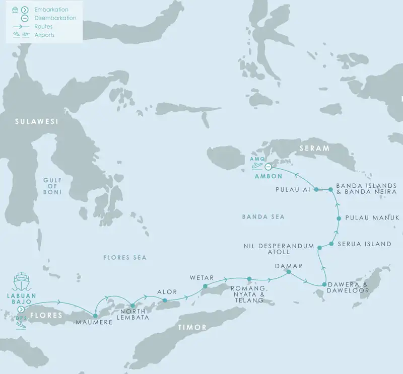 Route map of Aqua Blu Flores to Spice Islands Indonesia cruise, operating from Labuan Bajo to Ambon, with visits to Maumere; North Lembata; Alor; The Forgotten Islands of Wetar, Romang, Nyata & Telang; Damar; Dawera; Daweloor; Serua Island; Nil Desperandum Atoll; Pulau Manuk; Banda Islands; Banda Neira & Pulau Ai.