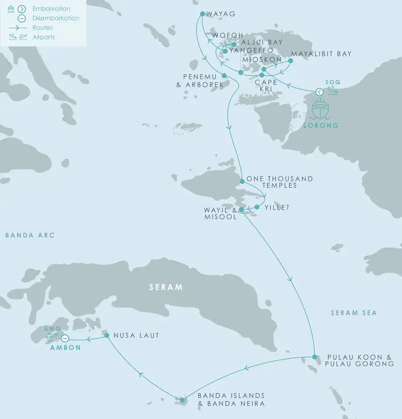 Route map of Aqua Blu Raja Ampat to Spice Islands Indonesia cruise, from Sorong to Ambon, with visits to Mioskon, Cape Kri, Kabui Bay, Penemu & Arborek Islands, Aljui Bay, Pulau Wayag, Wofoh, Yangeffo, One Thousand Temples, Wayil, Misool, Yillet, Pulau Koon & Gorong, Band Islands & Nusa Laut.