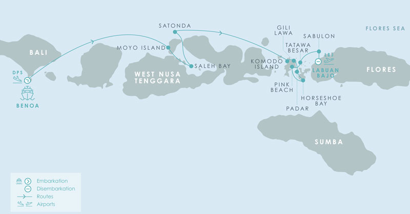 Route map of eastbound Aqua Blu Komodo National Park Cruise in Indonesia, operating from Bali to Flores with visits to Moyo Island, Saleh Bay, Batu Moncho Bay, Komodo Island, Padar, Horseshoe Bay, Pink Beach & Gili Lawa.