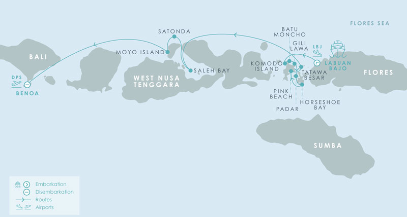 Route map of westbound Aqua Blu Komodo National Park Cruise in Indonesia, operating from Bali to Flores with visits to Moyo Island, Saleh Bay, Batu Moncho Bay, Komodo Island, Padar, Horseshoe Bay, Pink Beach & Gili Lawa.