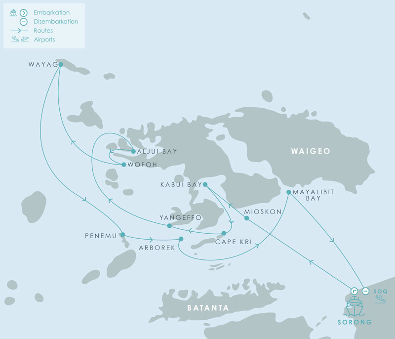 Route map of Aqua Blu North Raja Ampat Cruise, round-trip from Sorong, Indonesia, with visits to the islands of Mioskon Island, Yengeffo, Wofoh, Wayag, Dayang & Arborek, and the bays of Kabui, Cape Kri, Aljui & Mayabilit.