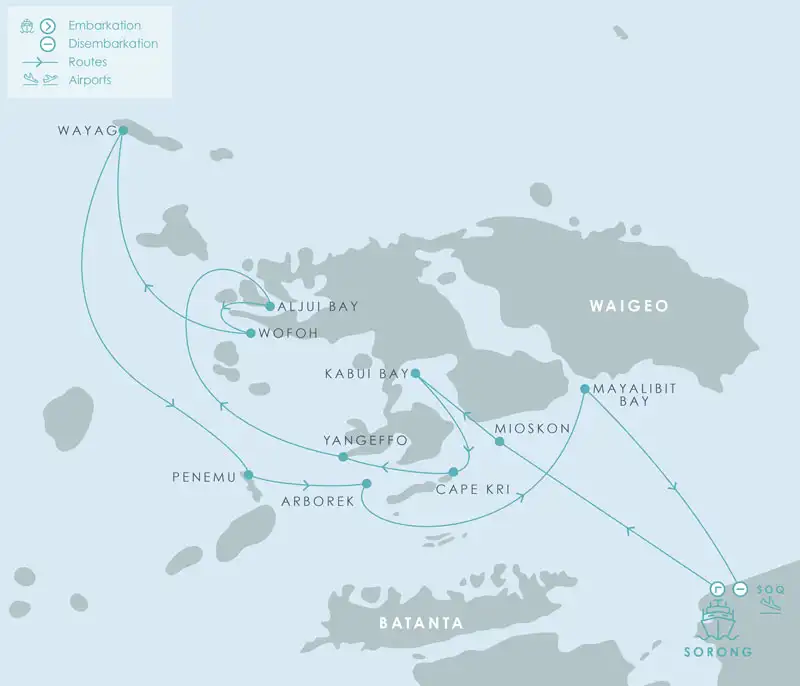 Route map of Aqua Blu North Raja Ampat Cruise, round-trip from Sorong, Indonesia, with visits to the islands of Mioskon Island, Yengeffo, Wofoh, Wayag, Dayang & Arborek, and the bays of Kabui, Cape Kri, Aljui & Mayabilit.