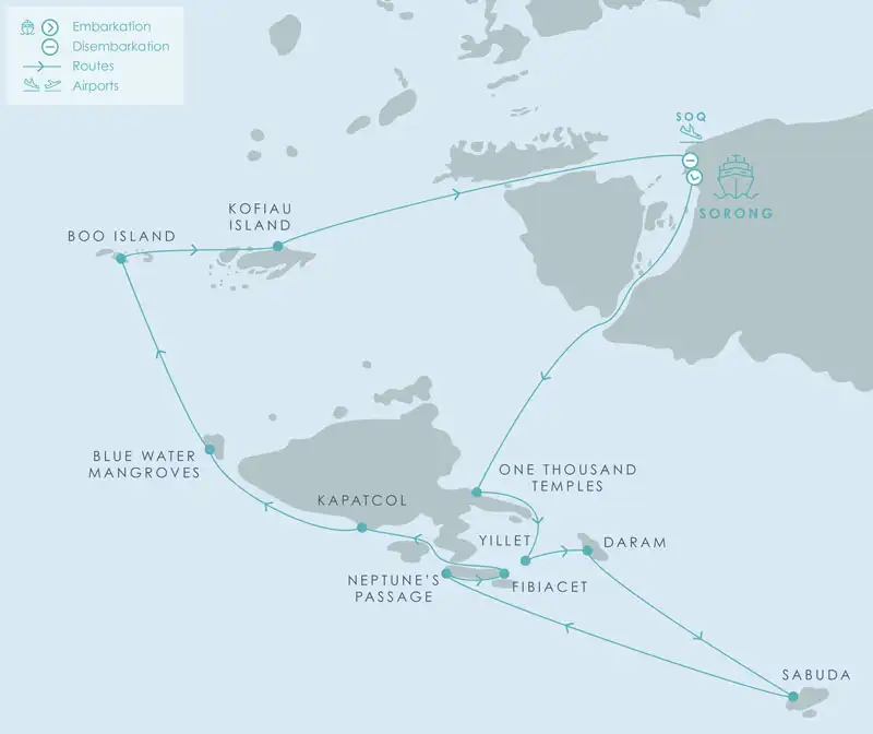Route map of Aqua Blu South Raja Ampat cruise round-trip from Sorong, Indonesia with visits to the islands of Misool, Daram, Sabuda, Fibiacet, Boo & Kofiau.
